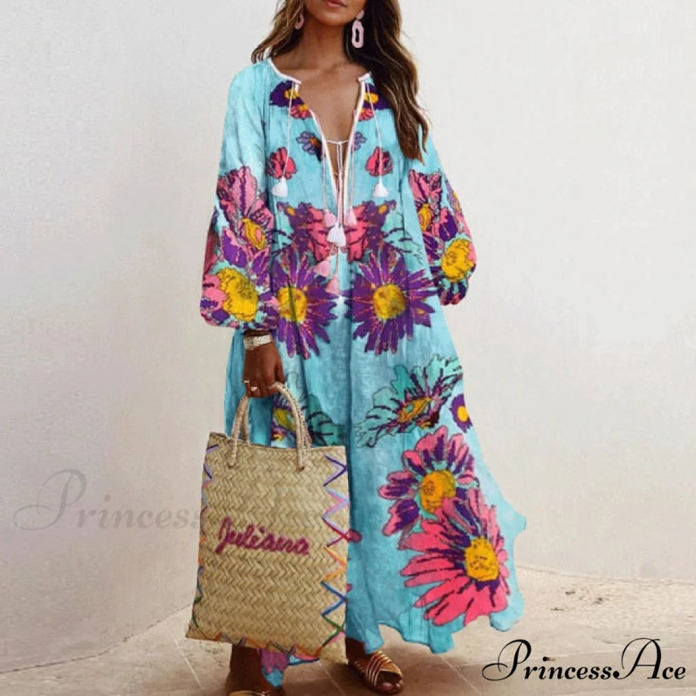 Autumn Vintage Long Lantern Sleeve Ladies Dresses light blue / S