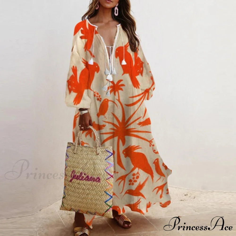 Autumn Vintage Long Lantern Sleeve Ladies Dresses orange / S