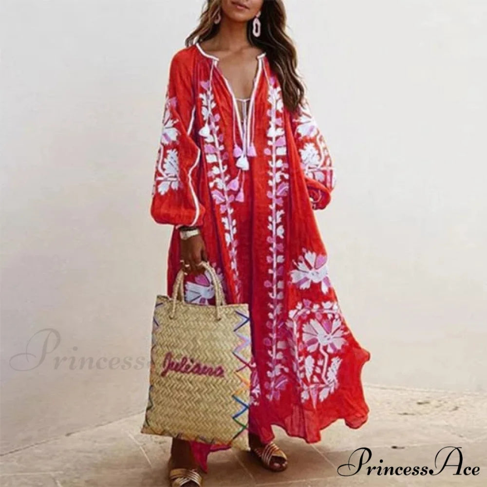 Autumn Vintage Long Lantern Sleeve Ladies Dresses rose red / S