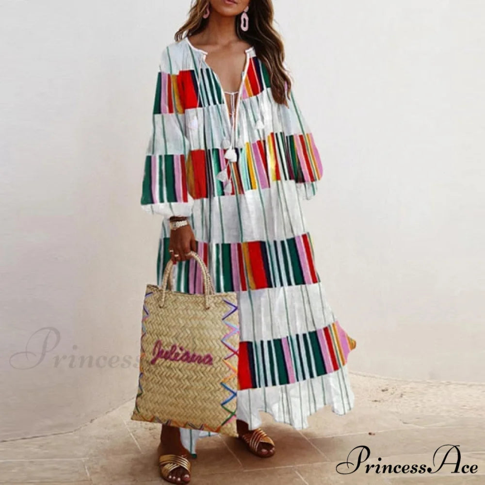 Autumn Vintage Long Lantern Sleeve Ladies Dresses strip / S