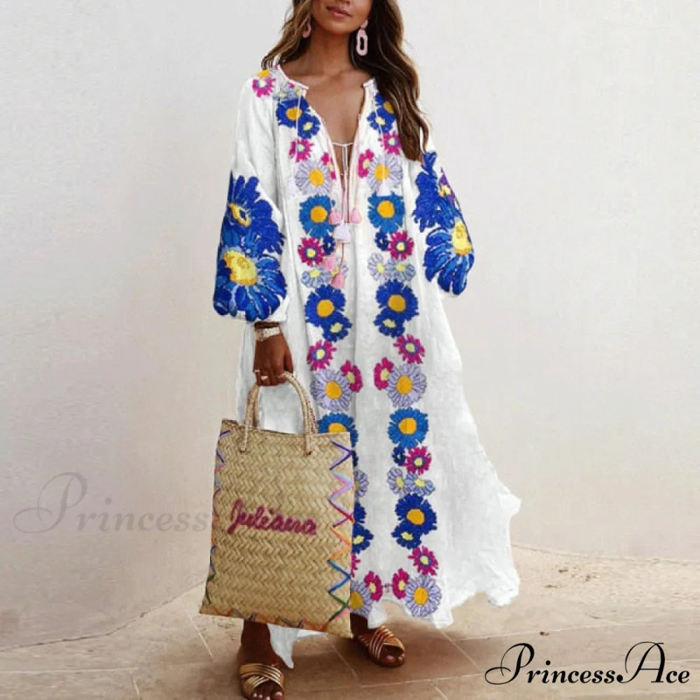 Autumn Vintage Long Lantern Sleeve Ladies Dresses white 1 / S