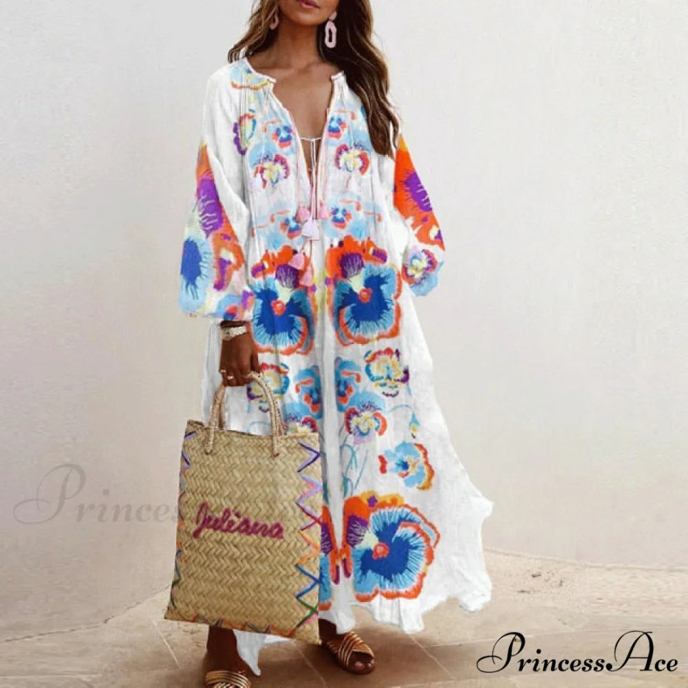 Autumn Vintage Long Lantern Sleeve Ladies Dresses white / S