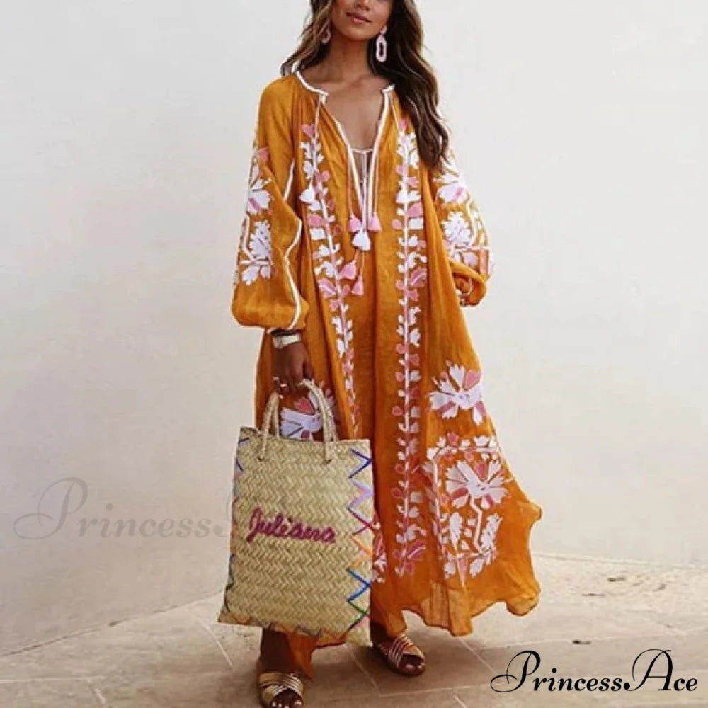 Autumn Vintage Long Lantern Sleeve Ladies Dresses yellow / S