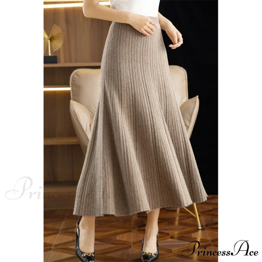 Autumn Winter A-Line Elastic High Waist Knitted Pleated Over Knee Skirt