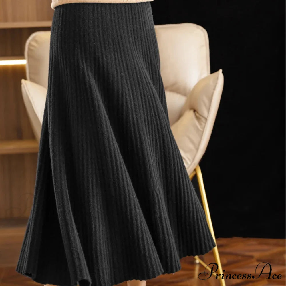 Autumn Winter A-Line Elastic High Waist Knitted Pleated Over Knee Skirt BLACK / M