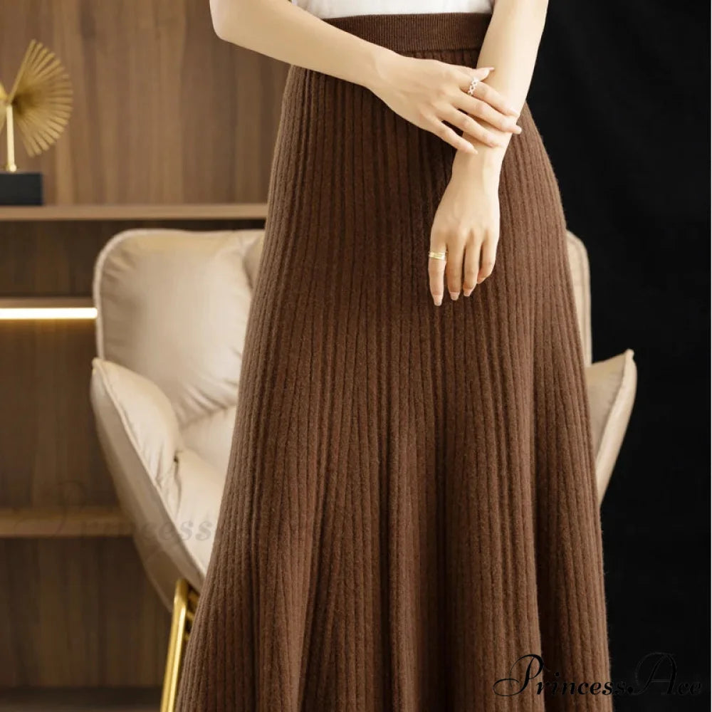 Autumn Winter A-Line Elastic High Waist Knitted Pleated Over Knee Skirt COFFEE / M