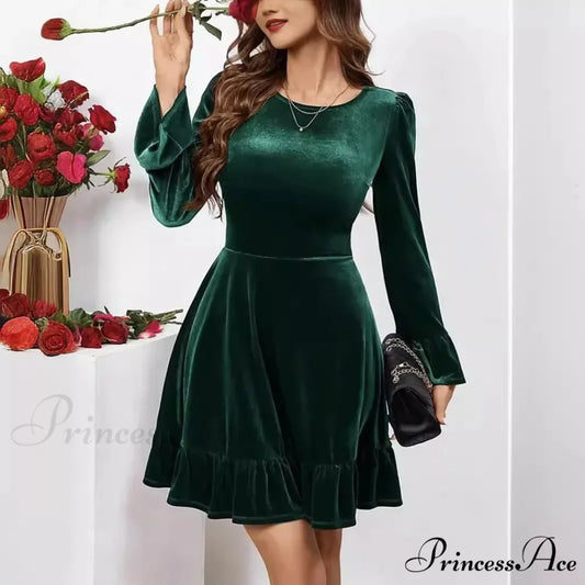 Autumn Winter A-Line Ruffles Elegant Party Golden Velvet Mini Nightdress Christmas Party Dress GREEN / S