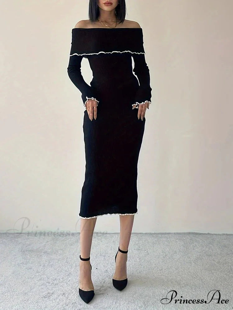 Autumn Winter Black Long Slash Neck Straight Elegant Party Clubwear Bodycon Dress