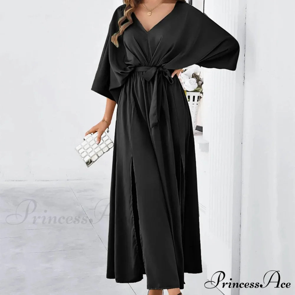 Autumn Winter Elegant Velvet Maxi Long Sleeve Pleated High Waist Female Casual Slim Fit Long Dress Black / S