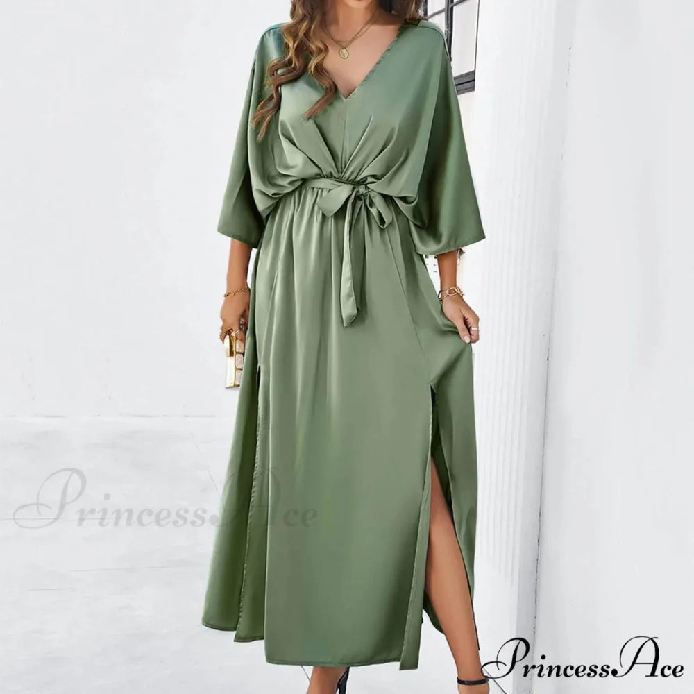 Autumn Winter Elegant Velvet Maxi Long Sleeve Pleated High Waist Female Casual Slim Fit Long Dress Green / S