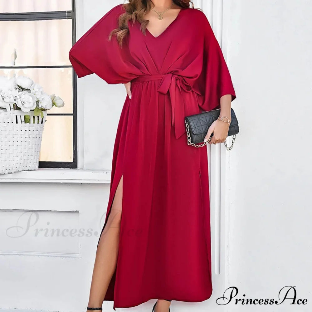 Autumn Winter Elegant Velvet Maxi Long Sleeve Pleated High Waist Female Casual Slim Fit Long Dress Red / S