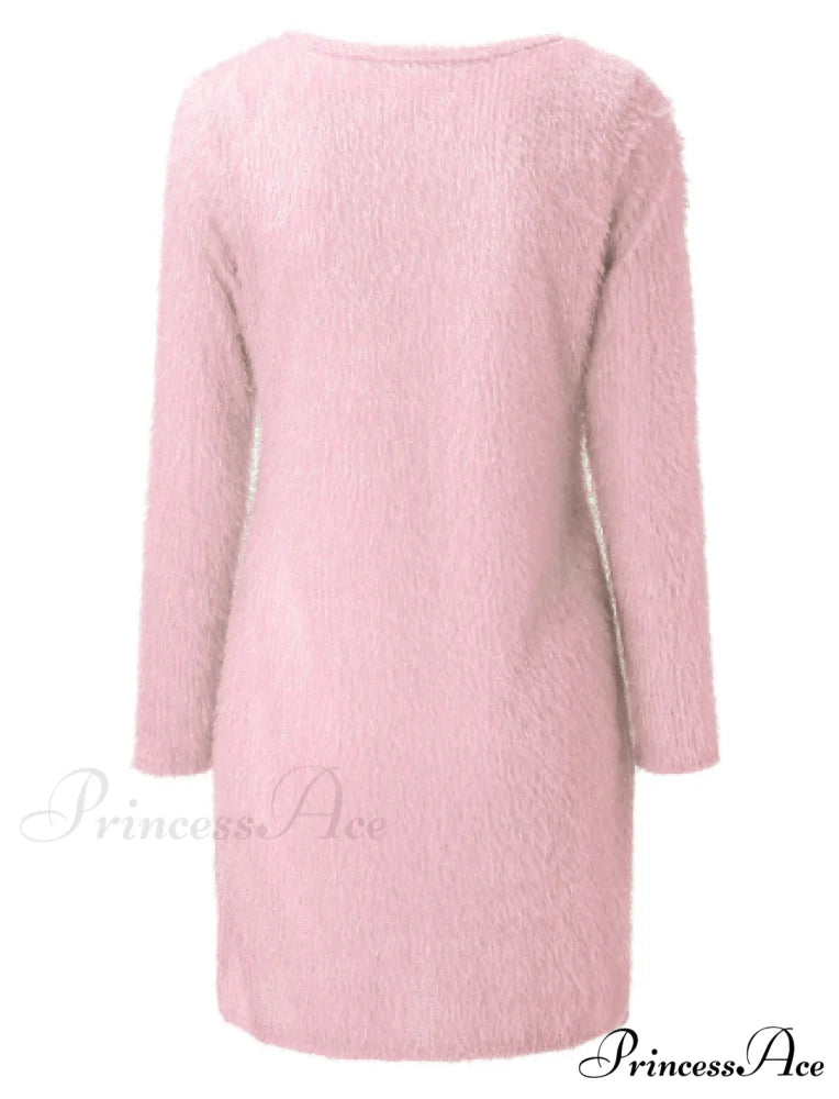 Autumn Winter Knit Dress with Turtleneck and Long Sleeves L / PINK