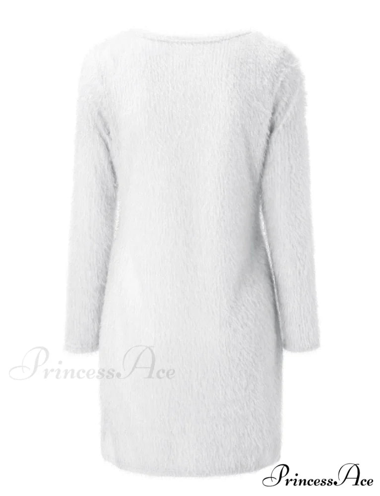 Autumn Winter Knit Dress with Turtleneck and Long Sleeves L / WHITE