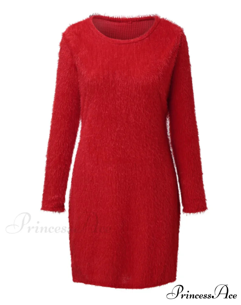 Autumn Winter Knit Dress with Turtleneck and Long Sleeves M / PINK