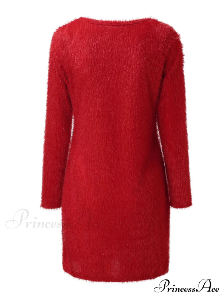Autumn Winter Knit Dress with Turtleneck and Long Sleeves M / RED