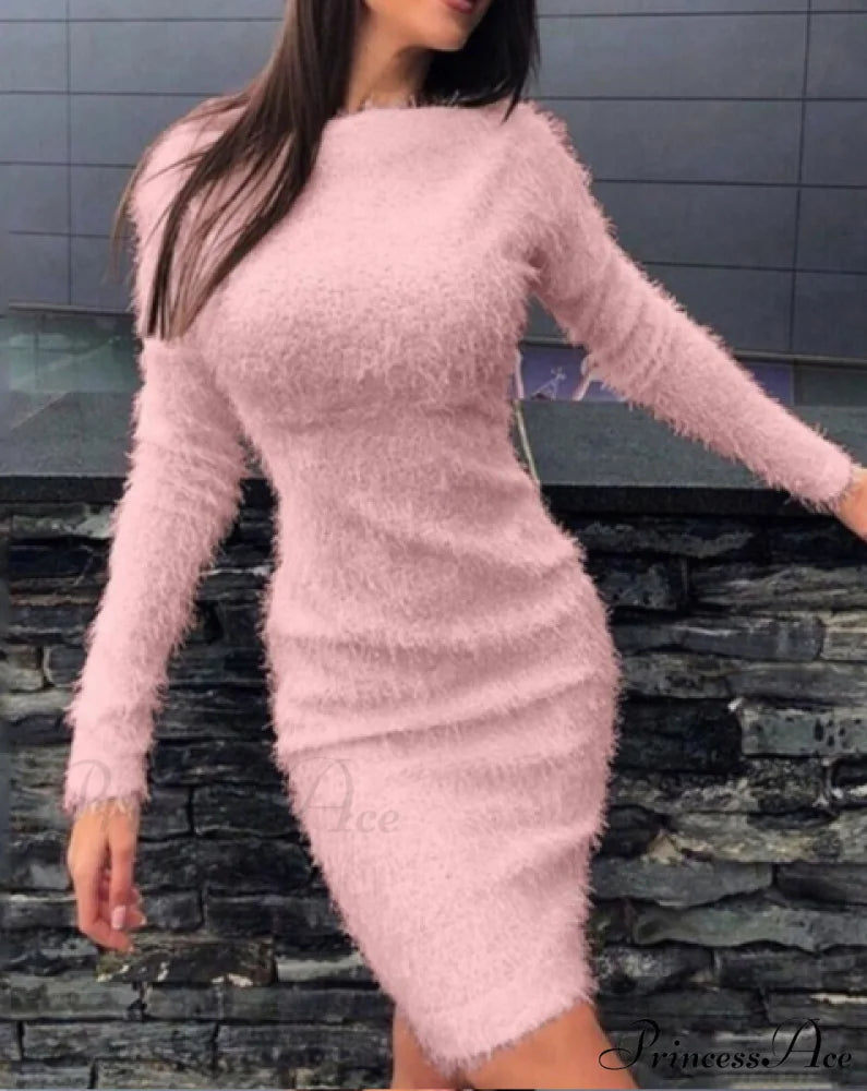 Autumn Winter Knit Dress with Turtleneck and Long Sleeves S / PINK