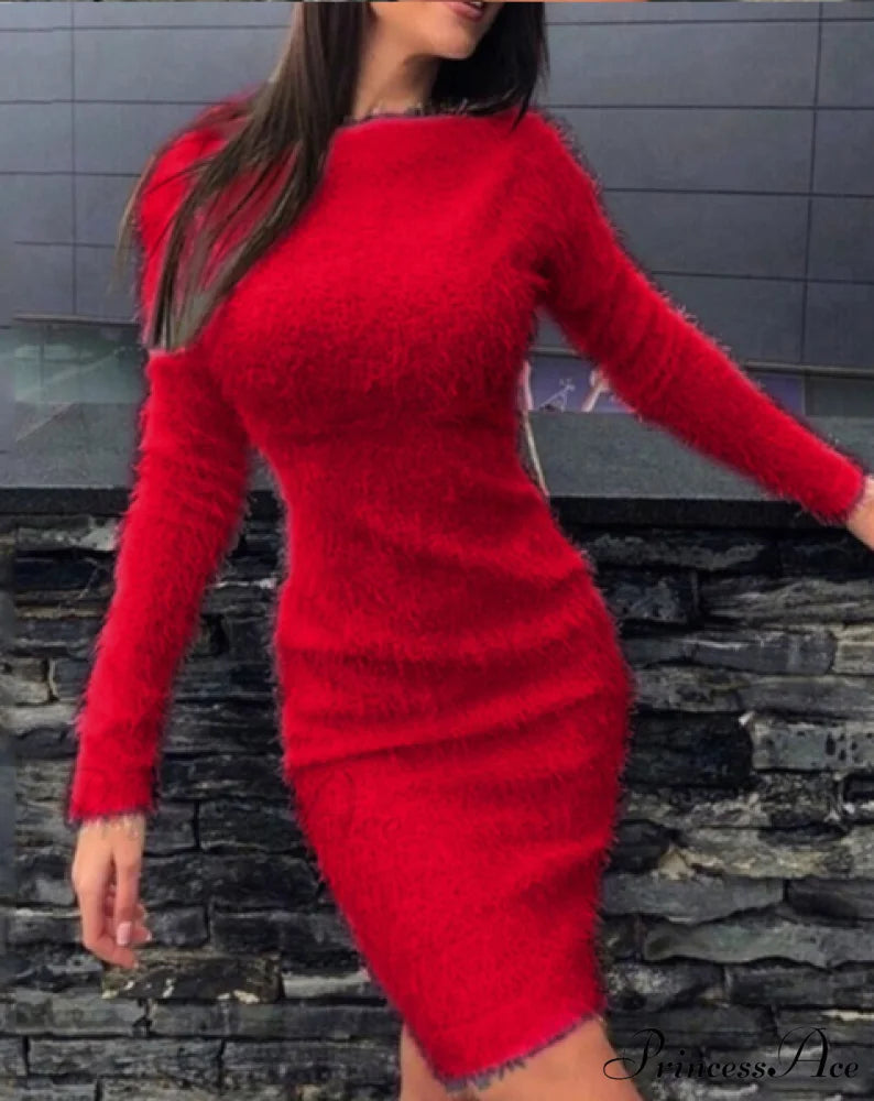 Autumn Winter Knit Dress with Turtleneck and Long Sleeves S / WHITE