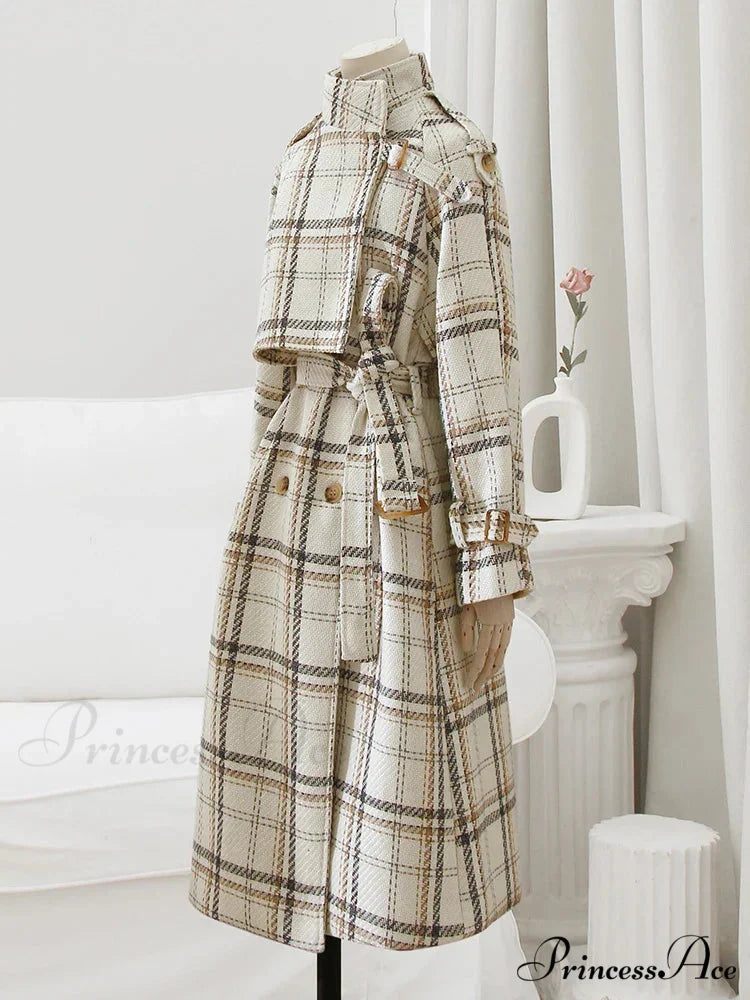 Autumn Winter Long Loose Warm Plaid Wool Blends Sleeve Belt Double Breasted Woolen Stylish Coat White / S