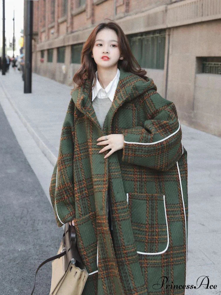 Autumn Winter Long Oversized Warm White Patchwork Wool Blends Hood Runway Korean Fashion Stylish Coat Green / S