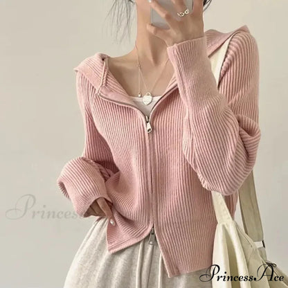 Autumn Winter Long Sleeve Short Loose Solid Knitted Zipper Cardigan
