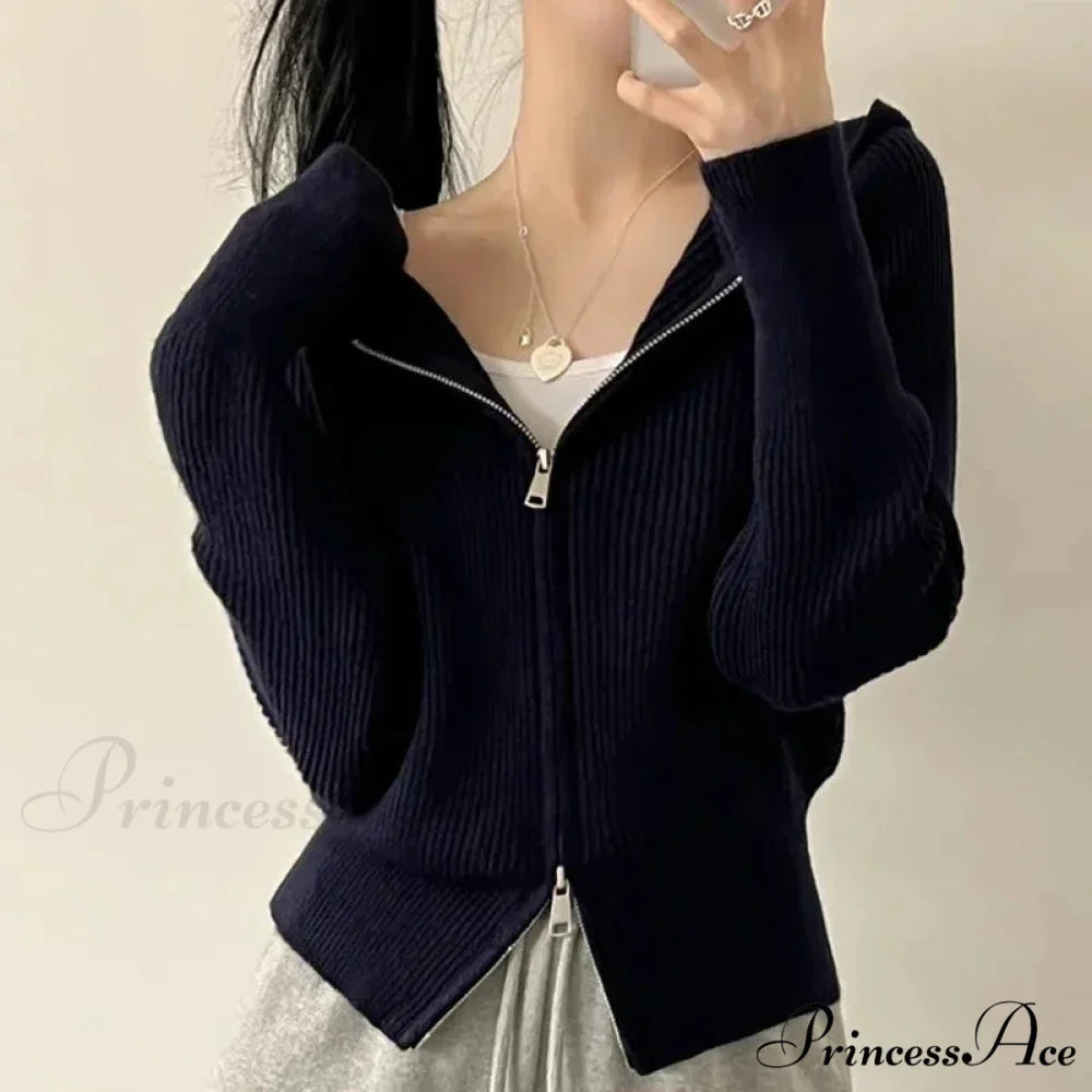 Autumn Winter Long Sleeve Short Loose Solid Knitted Zipper Cardigan BLACK / One Size