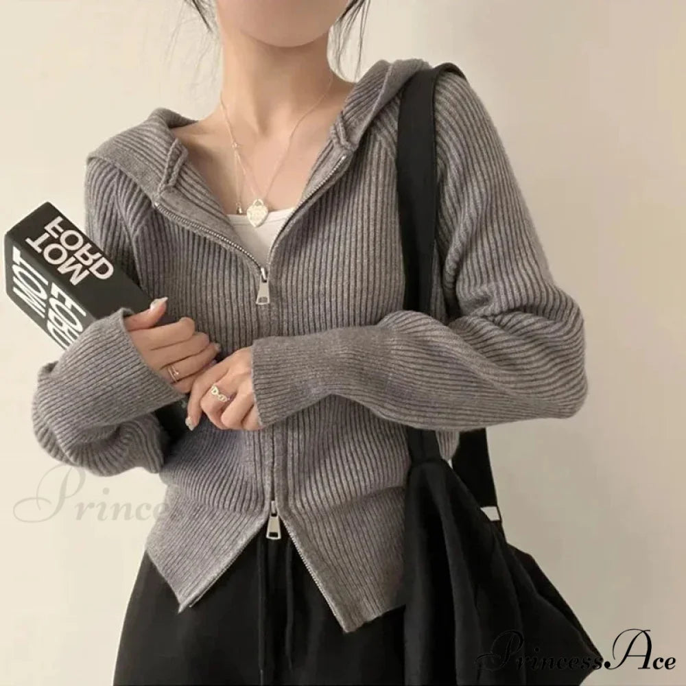 Autumn Winter Long Sleeve Short Loose Solid Knitted Zipper Cardigan GRAY / One Size