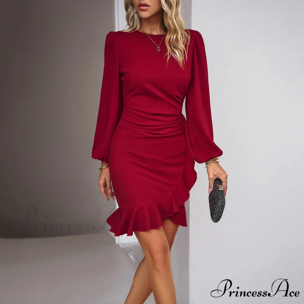 Autumn Winter New Temperament Bubble Long Sleeve Color Dress Wine Red / S