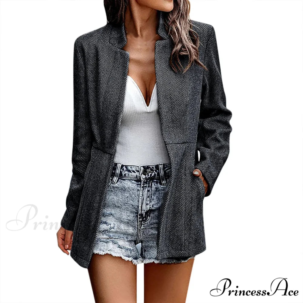 Autumn Winter Open Front Blazer Long Sleeve Stand Collar Trench Business Work Office Outwear Chic Stylish Elegant