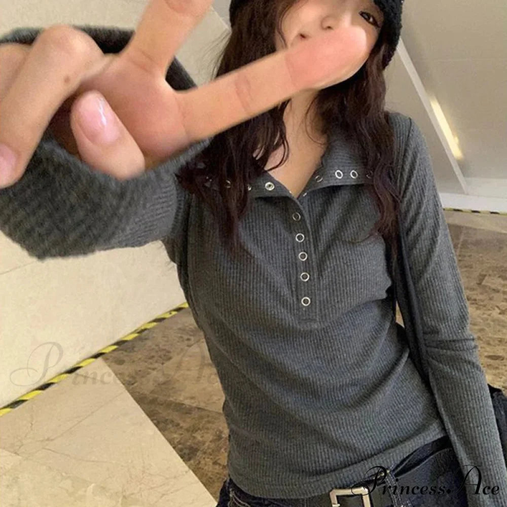 Autumn Winter Ribbed Button Up Knitted Pullover Knitted Top deep gray / S knittop-250126