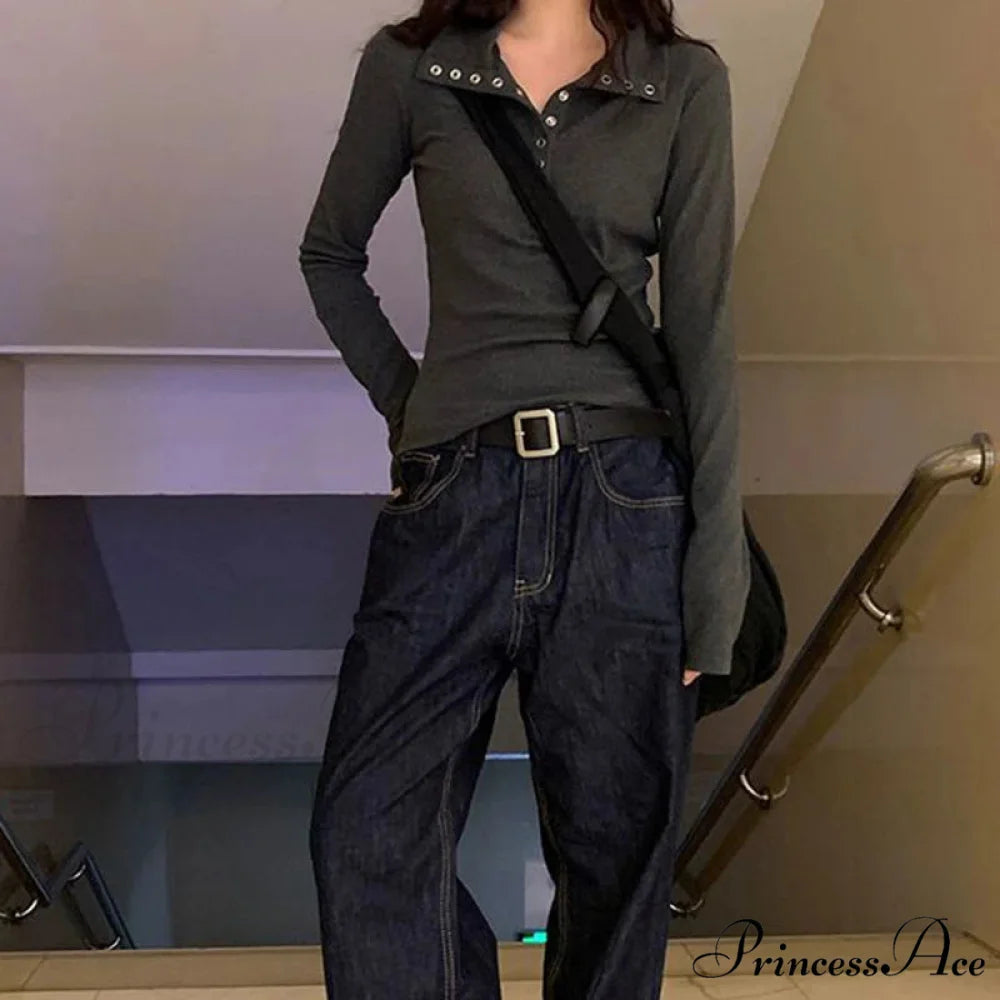 Autumn Winter Ribbed Button Up Knitted Pullover Knitted Top knittop-250126