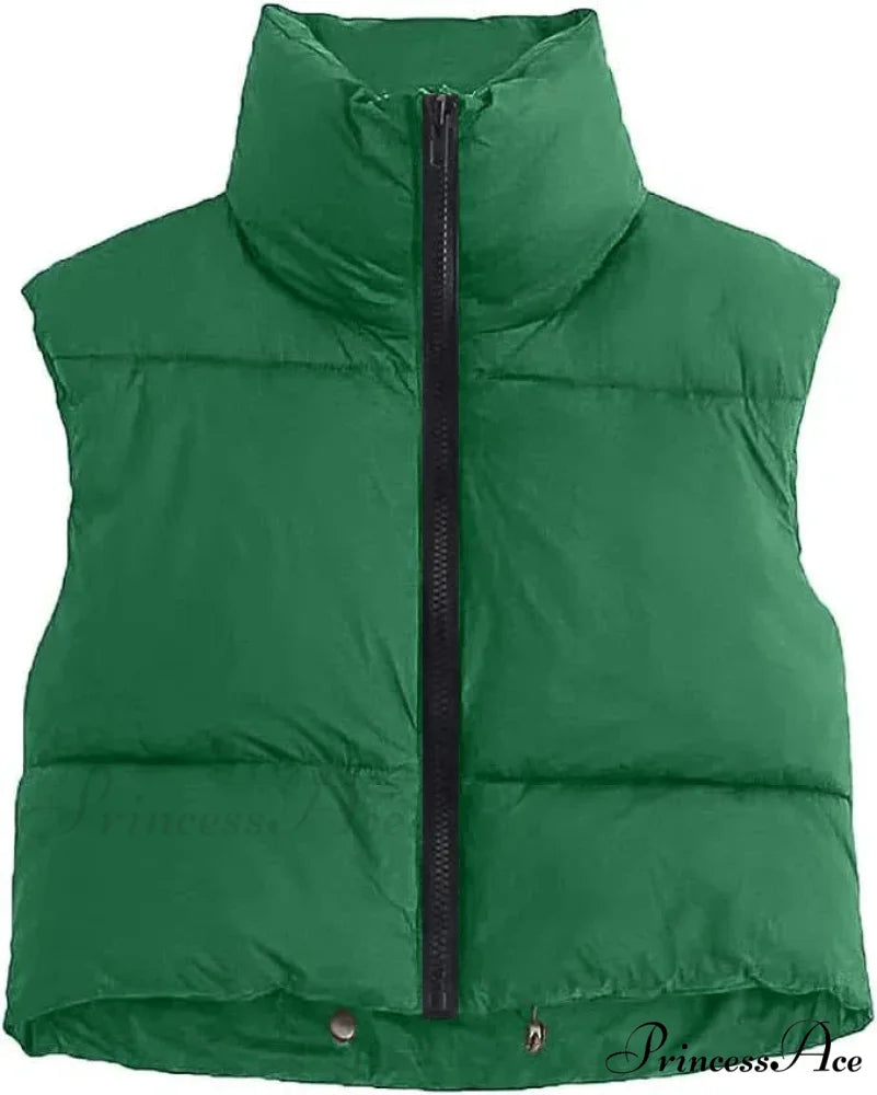 Autumn Winter Short Cotton Down Vest Stand-up Collar Warm Quilted Outdoor Travel Jacket Coat Green / S