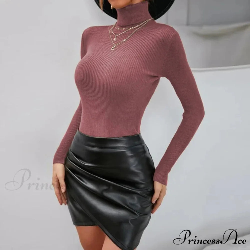 Autumn Winter Slim Fit TurtleNeck Pullover Jumper Knitted Christmas Sweater Burgundy / S