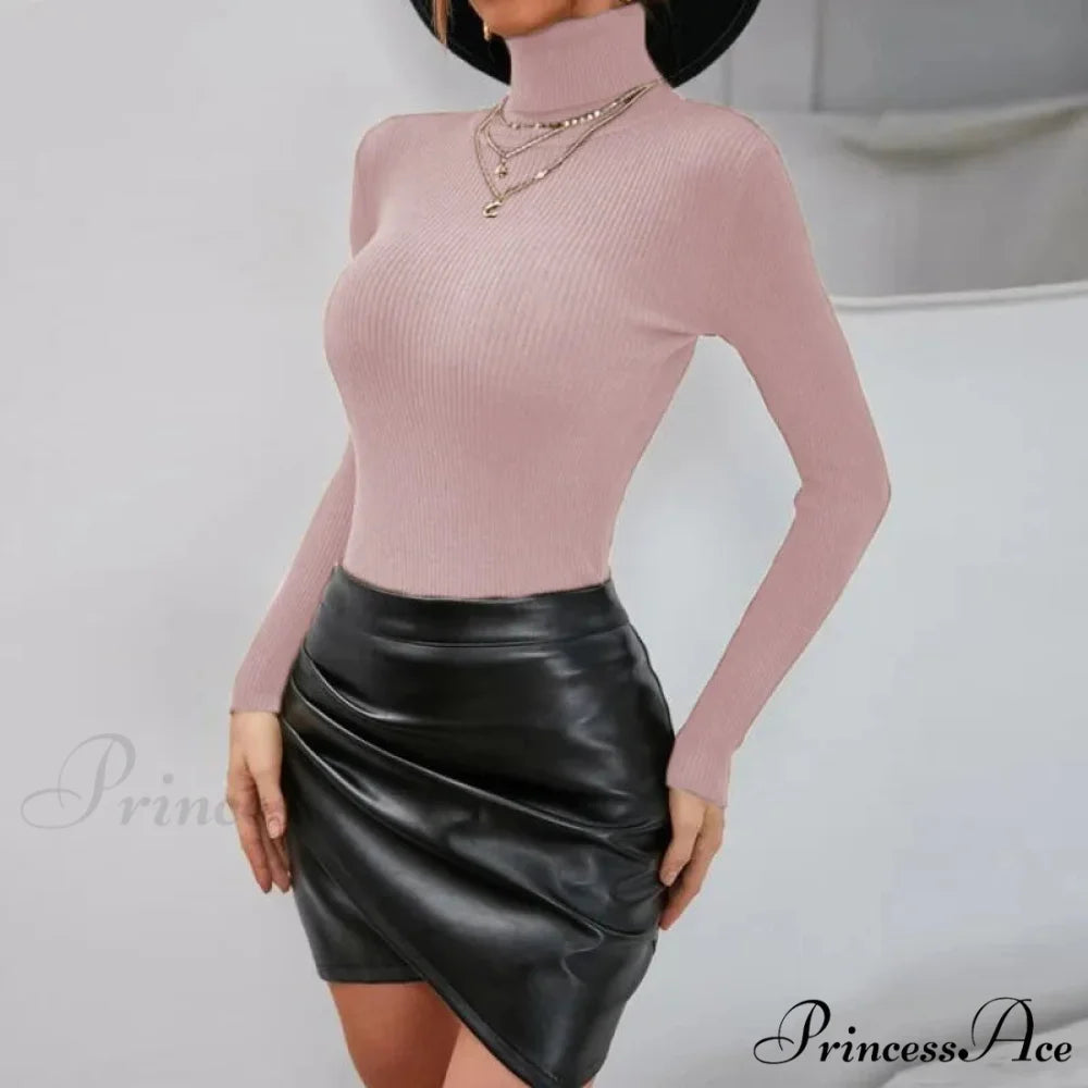 Autumn Winter Slim Fit TurtleNeck Pullover Jumper Knitted Christmas Sweater Pink / S