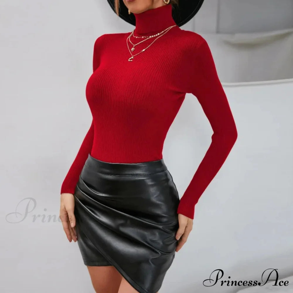 Autumn Winter Slim Fit TurtleNeck Pullover Jumper Knitted Christmas Sweater Red / S