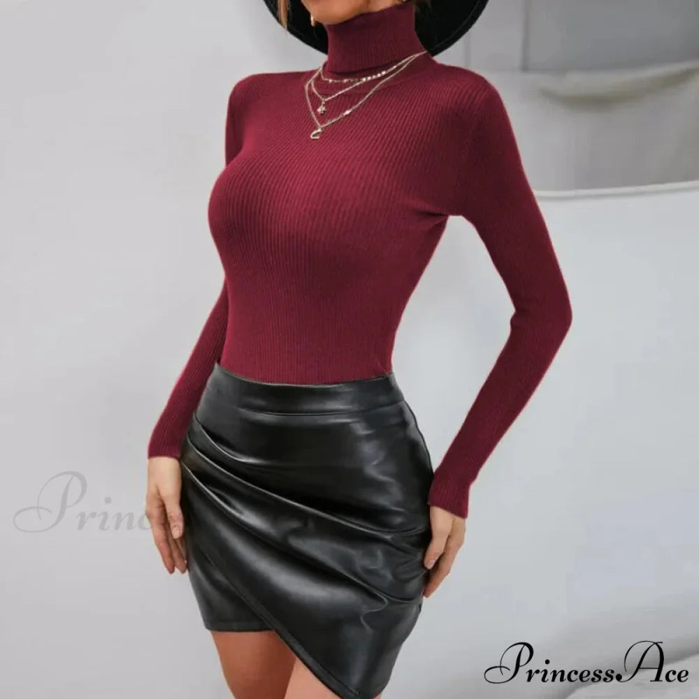 Autumn Winter Slim Fit TurtleNeck Pullover Jumper Knitted Christmas Sweater wine red / S