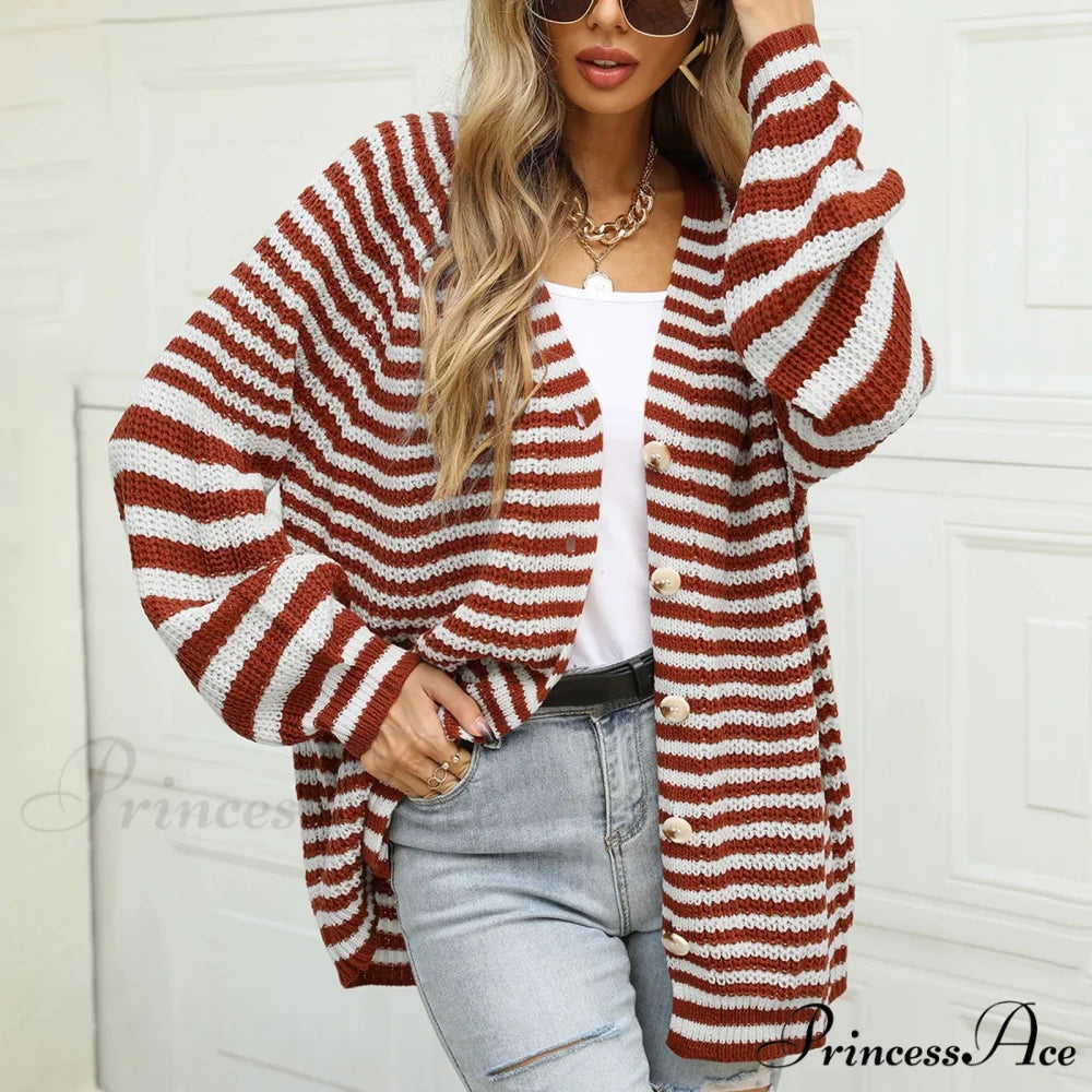 Autumn Winter Warm Casual Knitted Long Sleeve Cardigan Christmas Sweater Brown / S