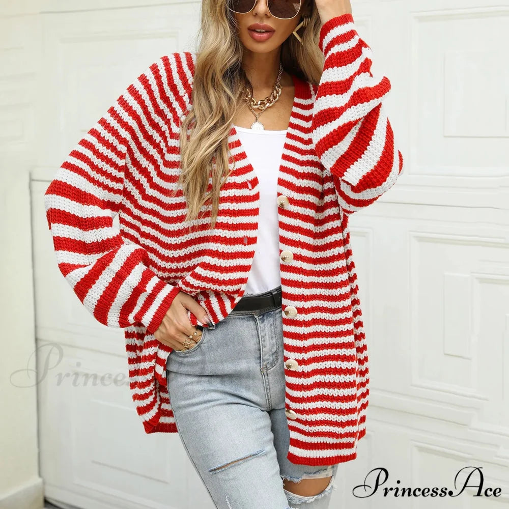 Autumn Winter Warm Casual Knitted Long Sleeve Cardigan Christmas Sweater Red / S
