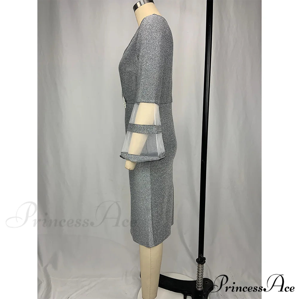 Autumn Women Party Silk Gown Elegant Mesh V - Size Arm Neck for Plus Club Evening Outfit Bright Wedding 8XL