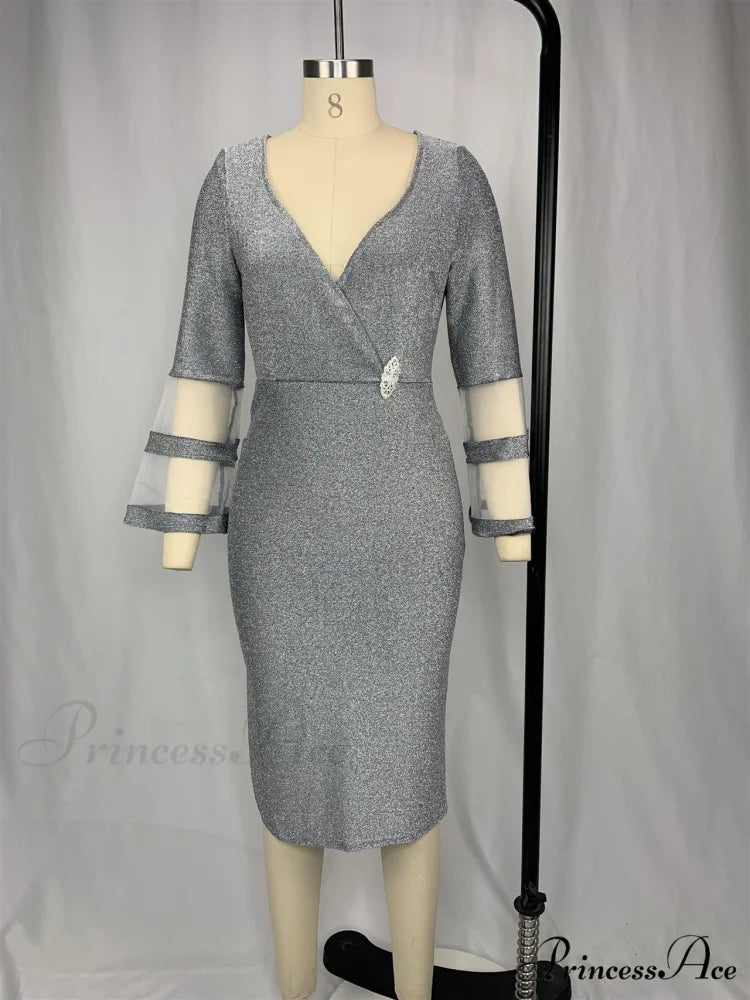 Autumn Women Party Silk Gown Elegant Mesh V - Size Arm Neck for Plus Club Evening Outfit Bright Wedding 8XL