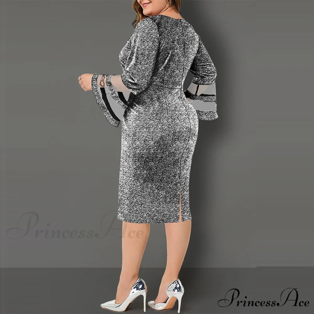 Autumn Women Party Silk Gown Elegant Mesh V - Size Arm Neck for Plus Club Evening Outfit Bright Wedding 8XL