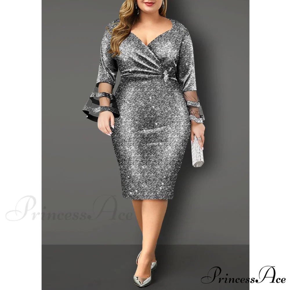 Autumn Women Party Silk Gown Elegant Mesh V - Size Arm Neck for Plus Club Evening Outfit Bright Wedding 8XL Silver / S