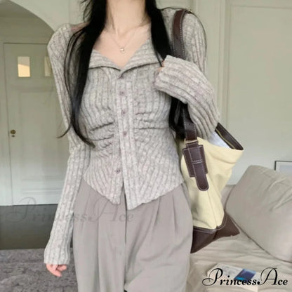 Autumn Y2k Knit V Lapel Long Sleeve Vintage Korean Cardigan GRAY / S