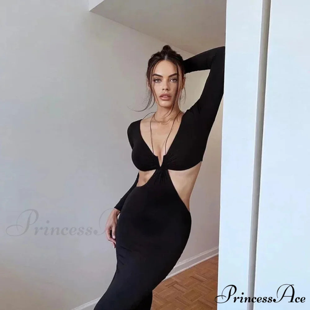 Autumnal Long-sleeved Halter-necked Black Split Skinny Sensual Maxi Dress