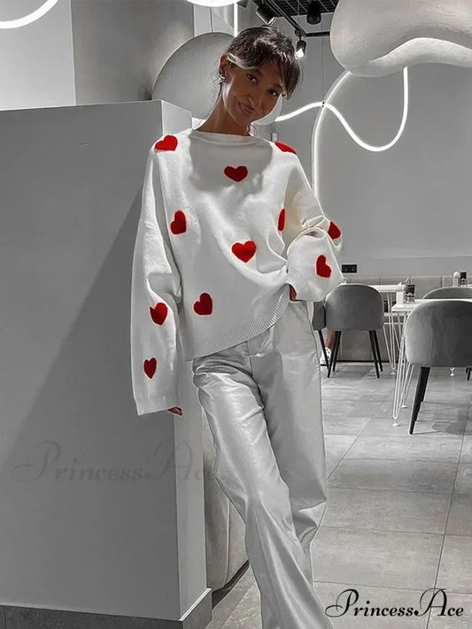Autumnal Oversized Cozy Heart-printed Casual Comfortable Thickened Long Sleeve Warm Sweater