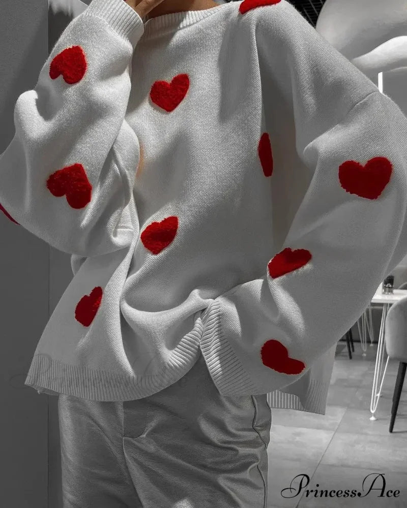 Autumnal Oversized Cozy Heart-printed Casual Comfortable Thickened Long Sleeve Warm Sweater BEIGE / S