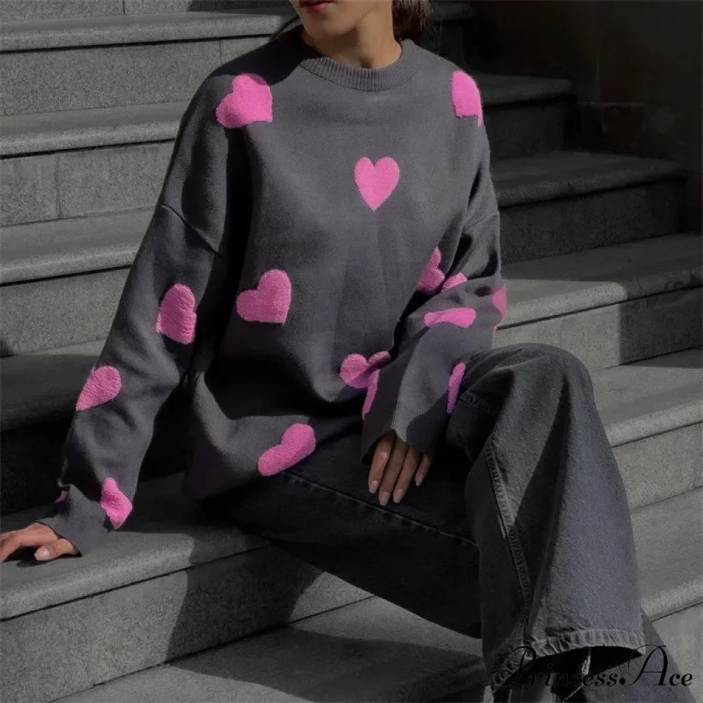 Autumnal Oversized Cozy Heart-printed Casual Comfortable Thickened Long Sleeve Warm Sweater BLACK / S