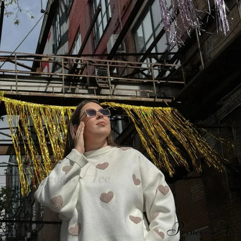 Autumnal Oversized Cozy Heart-printed Casual Comfortable Thickened Long Sleeve Warm Sweater WHITE / S