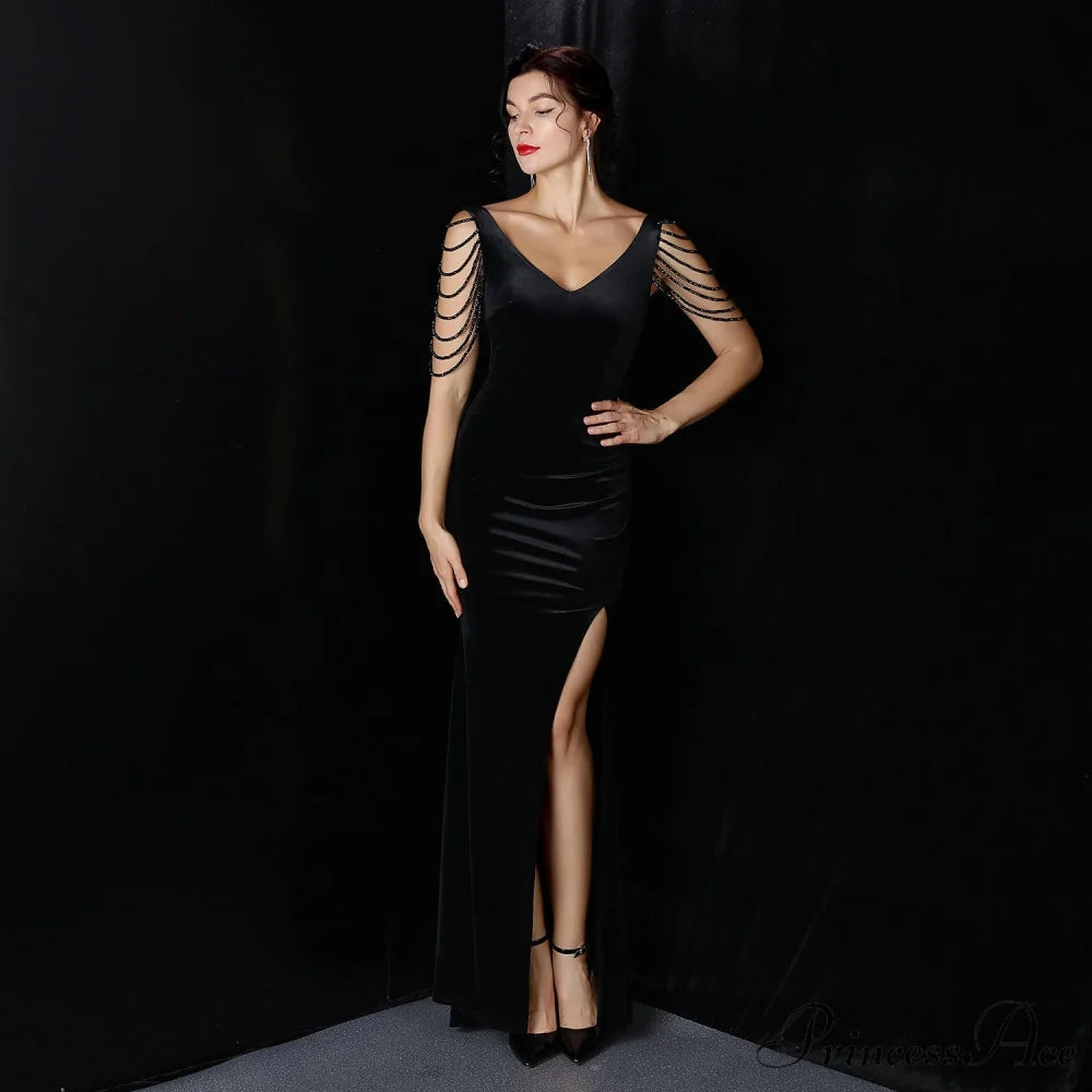 Avery Good Quality Charming Velvet Formal Dress BLACK / XS