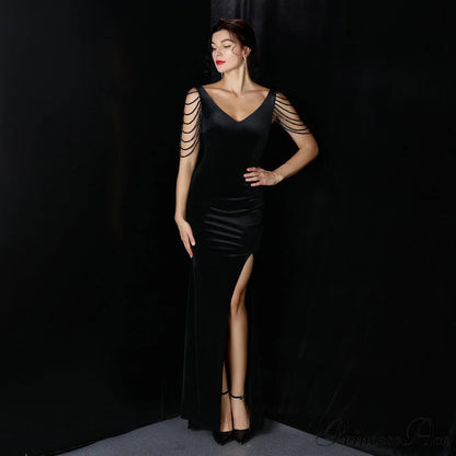 Avery Good Quality Charming Velvet Formal Dress BLACK / XS