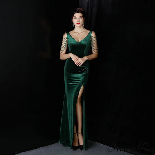 Avery Good Quality Charming Velvet Formal Dress HUNTER / XS